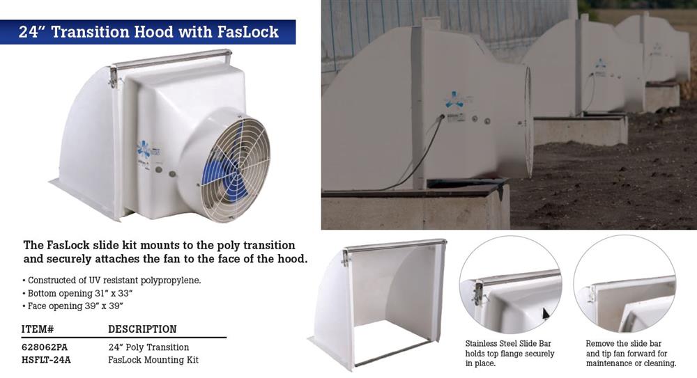 The FasLock slide kit and poly pit transition hood combine to hold 24” deep pit fans securely in place while also making them easy to access to maintenance or cleaning.