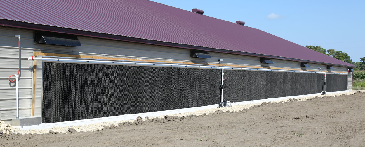 Hog Slat EVAP cool cell systems can meet the needs of the largest modern poultry production buildings. Combined with our TEGO tunnel door system, EVAP cooling systems can be installed directly onto the barn sidewall.