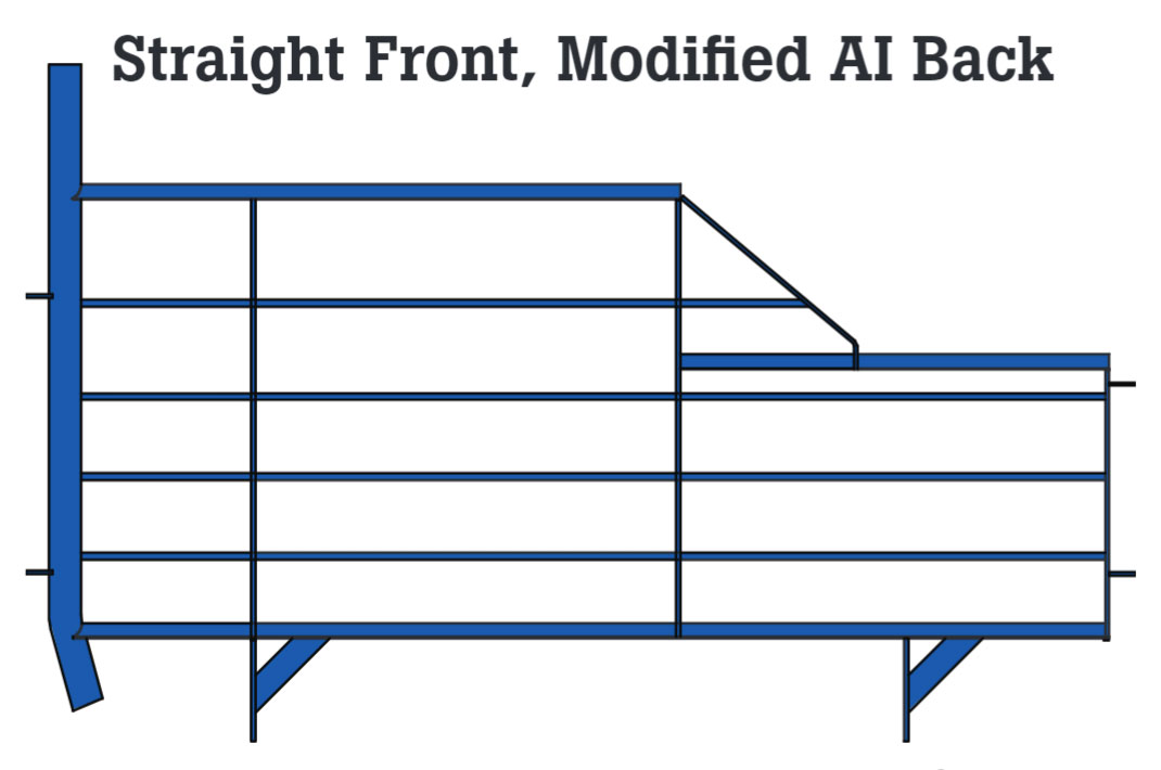 Straight front and Modified-AI back gestation stall design. Available in blue powder coated epoxy painted or hot-dipped galvanized finishes.