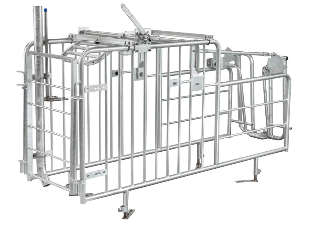 Hog Slat's Free Access Stall is constructed of durable galvanized steel and stainless steel components.