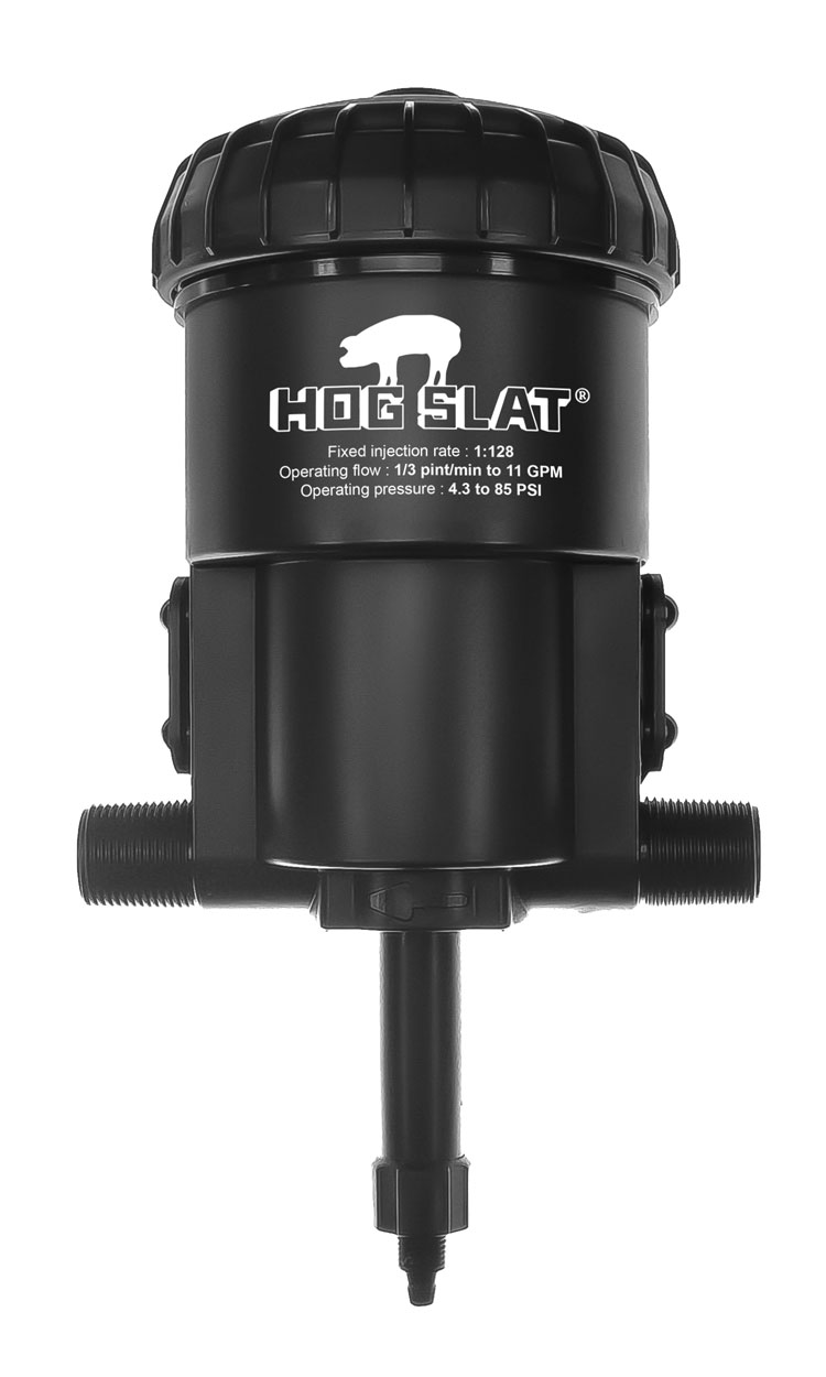 The Hog Slat® medicator is a fixed ratio (1:128) injection pump for modern swine and poultry production facilities, with operating flow capabilities up to 11 GPM.