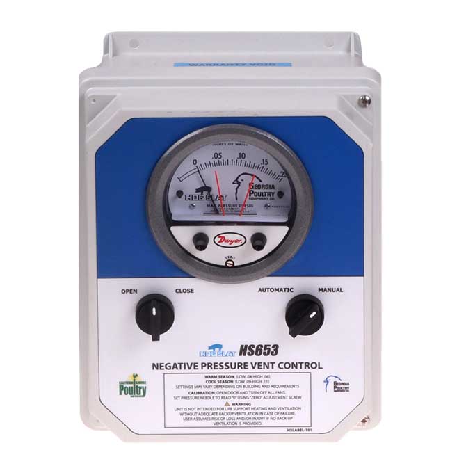 The HS653 Negative Pressure Vent Controller provides automatic and manual control of curtain and barn inlet openings.