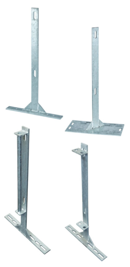 Hog Slat manufactures four styles of 29” tall galvanized flat bar bolt-on legs to properly support and secure penning panels in swine confinement gating installations.