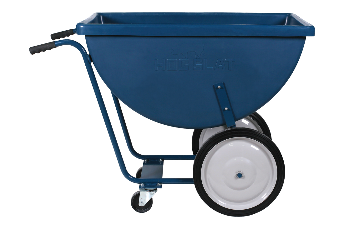 The Hog Slat Chore Cart makes quick and easy work of hauling feed or supplies through your pig barns.