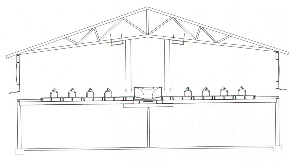 Cross section with plastic flooring and nests suspended above pit